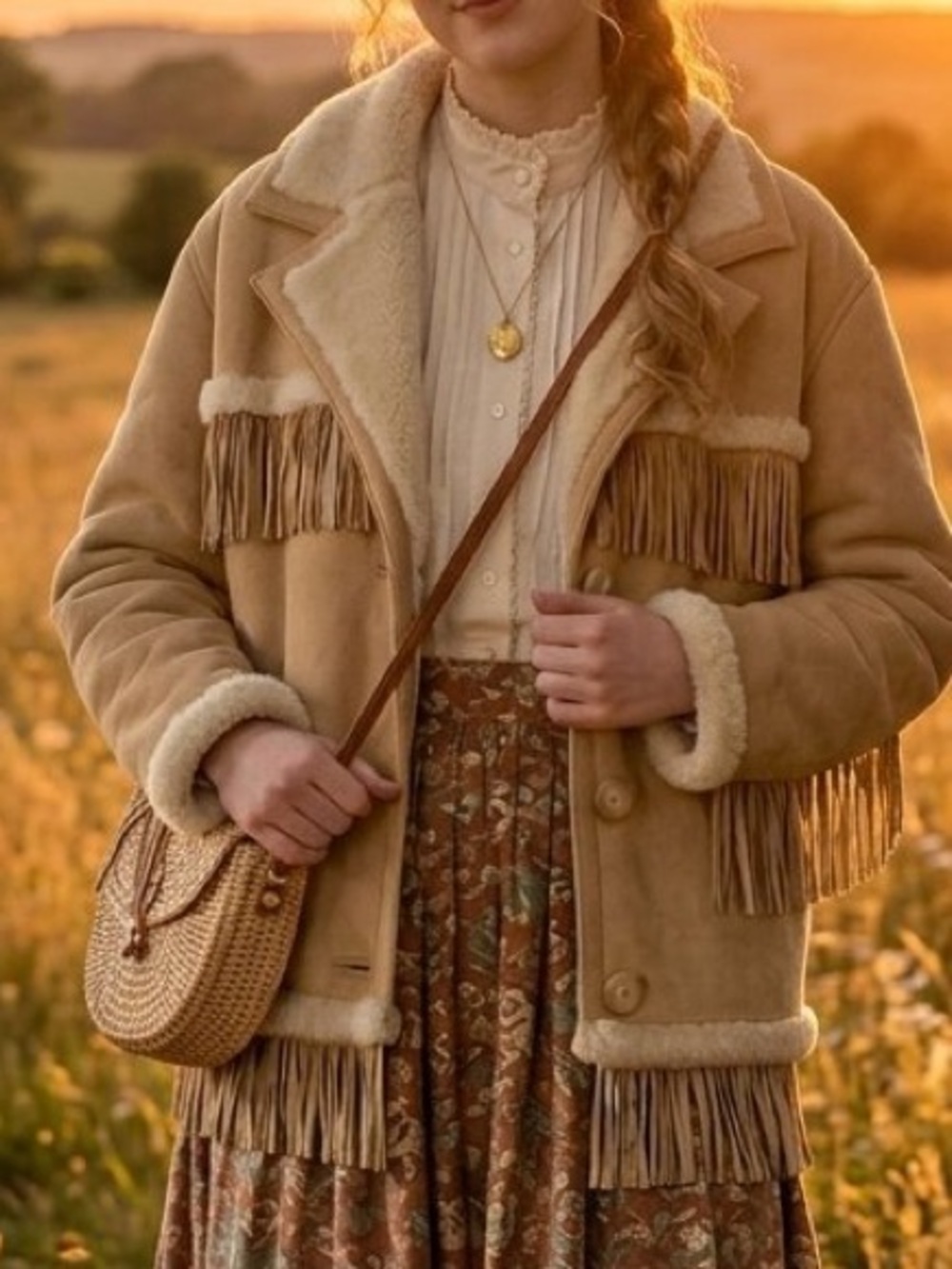 Eddie Bauer Tan Suede Shearling Fringe Jacket Size XL
